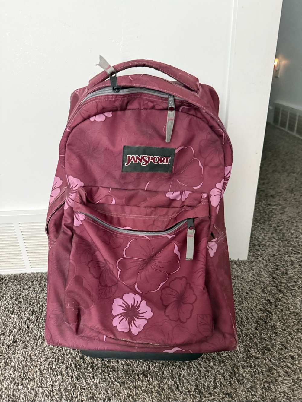JanSport Floral Maroon and Pink Roller Backpack